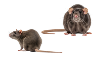 Two rats isolated on a transparent background, one facing forward, the other sideways. They are grey, with pink noses and ears, and long tails