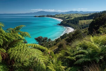 Obraz premium Aerial view of a stunning coastal landscape, vibrant turquoise waters, lush green hills