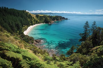 Obraz premium Aerial view of a turquoise bay, a white sandy beach, and lush green coastal forest