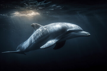 Fototapeta premium Dolphin illuminated in dark underwater environment with light rays creating elegant reflections on its smooth body, showcasing marine beauty and peaceful ocean life