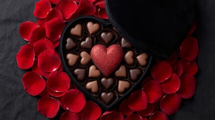 Heart-shaped chocolate box with red rose petals isolated on white background
