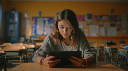 Medium shot of a young adult using a tablet to complete a language placement test in a calm afternoon classroom with blurred desks in the background.