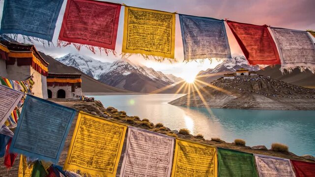 Colorful prayer flags flutter in the gentle breeze, framing a serene lake beneath majestic mountains. The sunrise casts warm light over the peaceful landscape, enhancing the natural beauty.