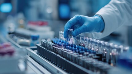 Medium frame of a technician removing suspect control vials from equipment for reanalysis with all other lab elements blurred emphasizing intervention during troubleshooting.