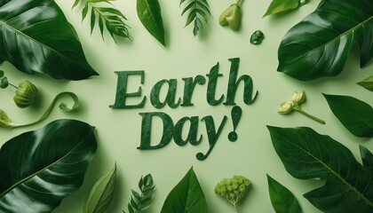 Earth Day Concept with Green Leaves and Text.