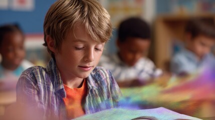 Medium frame capturing a boy reading a passage aloud a nearby AI screen analyzing pronunciation in real time with colorful phonetic cues the rest of the classroom gently blurred to