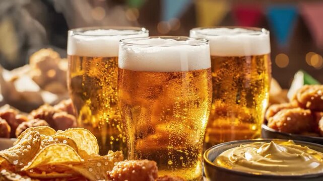 Glasses of beer with snacks on a table with party decorations