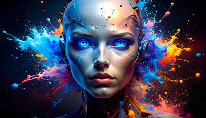 futuristic humanoid robots, glowing blue eyes-ring against black void