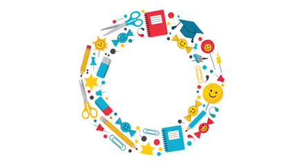 Circular frame made of various school supplies including pencils notebooks scissors and graduation caps for educational design themes.