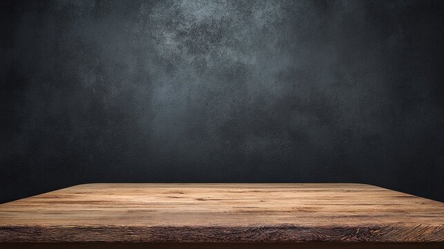 Empty wooden table top against black wall background for product display presentation with modern minimal design template mockup in dark studio room and ample copy space in hd quality