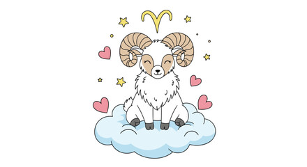 Fototapeta premium Cute cartoon ram representing the Aries zodiac sign sitting on a fluffy cloud surrounded by pink hearts and small yellow stars.