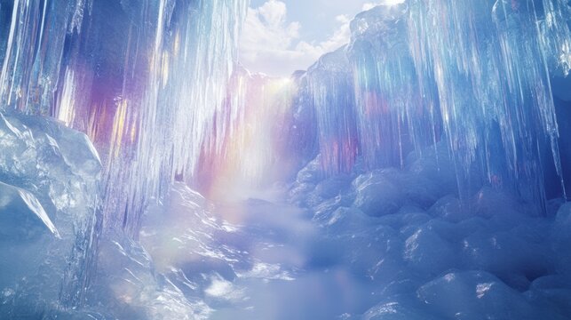 Magnificent icy cliffs glowing with pink and blue hues under winter sunlight, capturing frozen natures beauty and calm atmosphere, symbolizing strength, serenity, and art of natural crystal formation