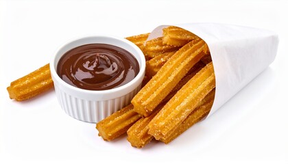 takeaway paper cone with churros and chocolate sauce dip