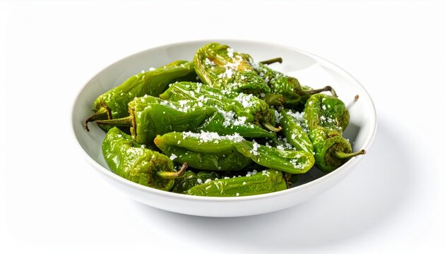 closeup of salted fried green spanish peppers pimientos padron