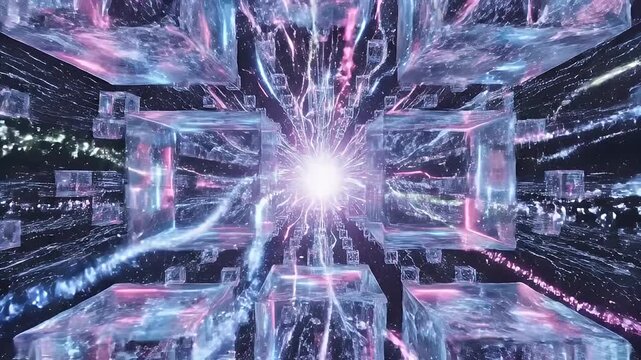 Futuristic abstract digital artwork showcasing vibrant energy patterns in a dark space with luminous cubes and glowing lines