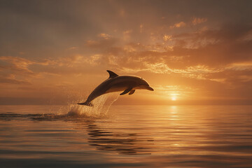 Dolphin leaping over calm ocean water during golden sunset with dramatic clouds and warm light reflecting on surface, creating peaceful and inspiring marine scene