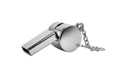 A shiny silver whistle with a chain on transparent background