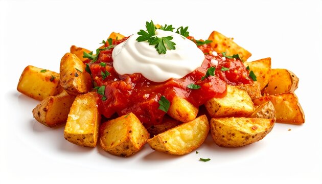 spanish tapas dish patatas bravas fried potatoes with sauce