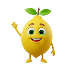 Cute cartoon lemon character with big green eyes smiling and waving hello, 3d render illustration perfect for healthy food concepts and branding