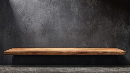 Empty wooden table top against black wall background for product display presentation with modern minimal design template mockup in dark studio room and ample copy space in hd quality