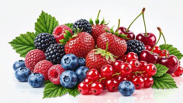 Assorted fresh berries and cherries on white background