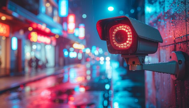 Surveillance camera mounted on a wall overlooking a city street at night with neon lights reflecting on the wet pavement