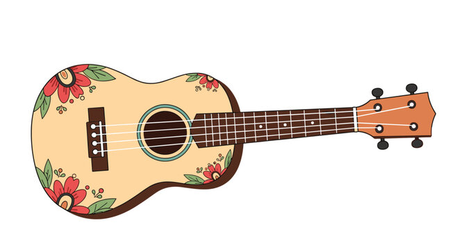 Beautiful ukulele decorated with red flower patterns and green leaves on a light wood body for music and summer holiday concept.