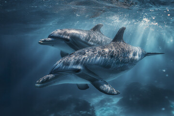 Fototapeta premium Two dolphins swim gracefully underwater with sunlight filtering through tranquil blue ocean, creating peaceful and serene marine scene full of natural beauty