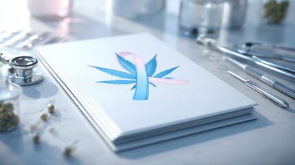Healthcare and awareness: cannabis leaf and ribbon on medical papers in a clinical setting