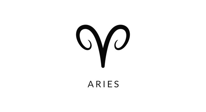 Minimalist black Aries zodiac symbol on a white background with the word aries written below for astrology and star signs.