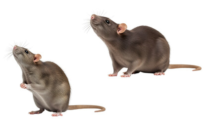 Two rodents, one seated, the other poised, both looking upwards with whiskers and tails distinct. Solid black background
