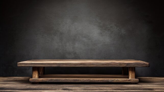 Empty wooden table top against black wall background for product display presentation with modern minimal design template mockup in dark studio room and ample copy space in hd quality