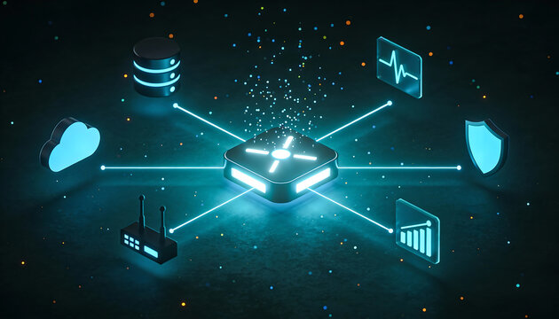 Glowing network hub router connected to cloud database analytics factory and shield icons representing iot connectivity edge computing monitoring and secure data infrastructure