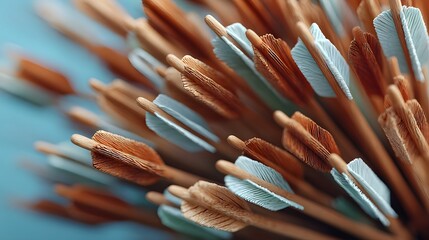 Detailed ro shot of a collection of antique wooden arrows emphasizing the feather fletching and shafts against a blurred blue background