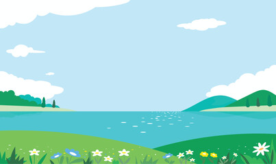 Summer lake landscape background with blue water and mountains