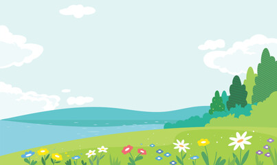 Nature background with lake mountains and flower field