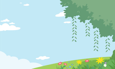 Willow tree branch over blue sky and flower meadow