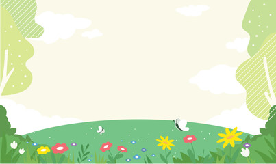 Bright spring garden background with butterflies and white space