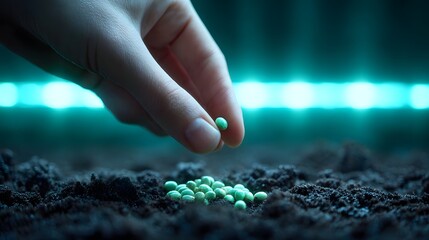 Hand carefully sowing tiny green seeds into rich soil with blurred futuristic blue lights in the background highlighting the process of cultivation nurturing life and the start of growth