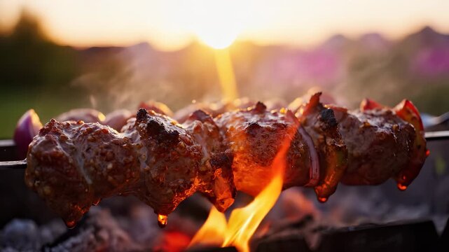 Grilled kebabs sizzle over glowing embers as the sun sets in the background. The kebabs and the flames create a warm and inviting atmosphere for an outdoor meal.