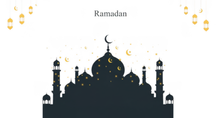 Islamic mosque silhouette with crescent moons stars and hanging lanterns isolated on a transparent background