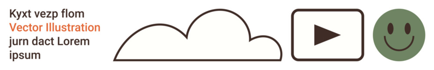 Fototapeta premium Cloud storage, media streaming, data transfer, user experience, communication, emotional connection. Outlined cloud, play button and happy face on white. Cloud storage and media streaming concept