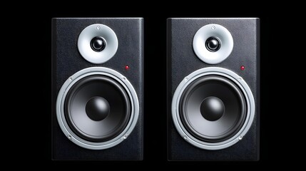 Fototapeta premium A pair of black studio monitor speakers featuring silver trim and red indicator lights are symmetrically displayed against a dark background showcasing professional audio equipment for production