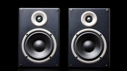 Two modern studio monitor speakers designed for high fidelity sound reproduction feature black textured cabinets silver metallic trim and prominent white cone tweeters