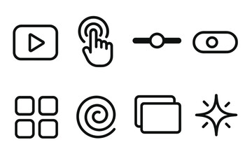 Interactive UI Icons. Interactive Media set in outline vector style: play button, touch gesture, slider bar, toggle switch, menu grid, animation swirl, layered windows, interactive spark