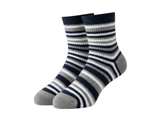 Pair of striped crew socks with navy blue grey and white bands isolated on a transparent background image