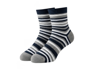 Pair of striped crew socks with navy blue grey and white bands isolated on a transparent background image