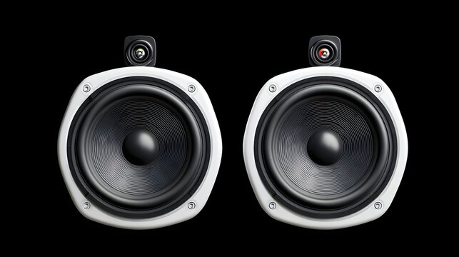 Two contemporary audio speakers featuring prominent white frames black woofer cones and top mounted tweeters presented against a dark minimalist backdrop for clear visual focus