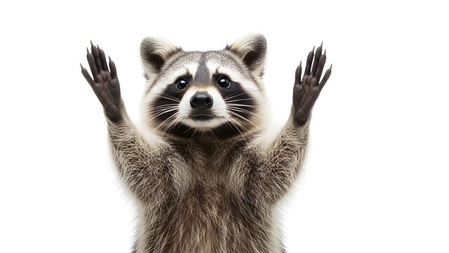 Retrato de un mapache divertido que muestra un gesto de roca aislado sobre fondo blanco.JPG