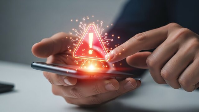 Unrecognized Businessman Using Smartphone with Rising Digital Alert Symbol for Cyber Security and Data Breach Concept - Powered by Adobe
